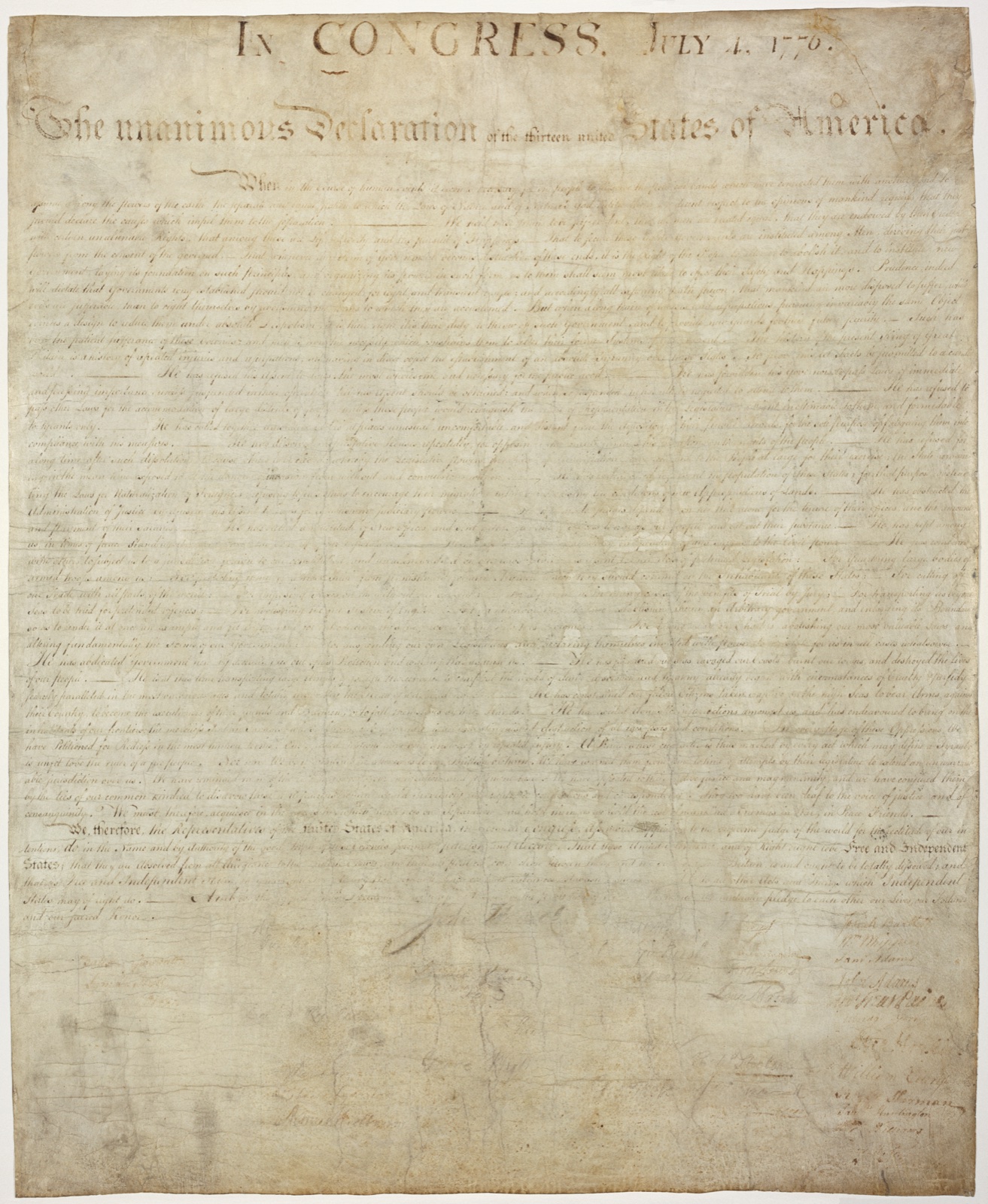 Archival manuscript detail of the Declaration of Independence