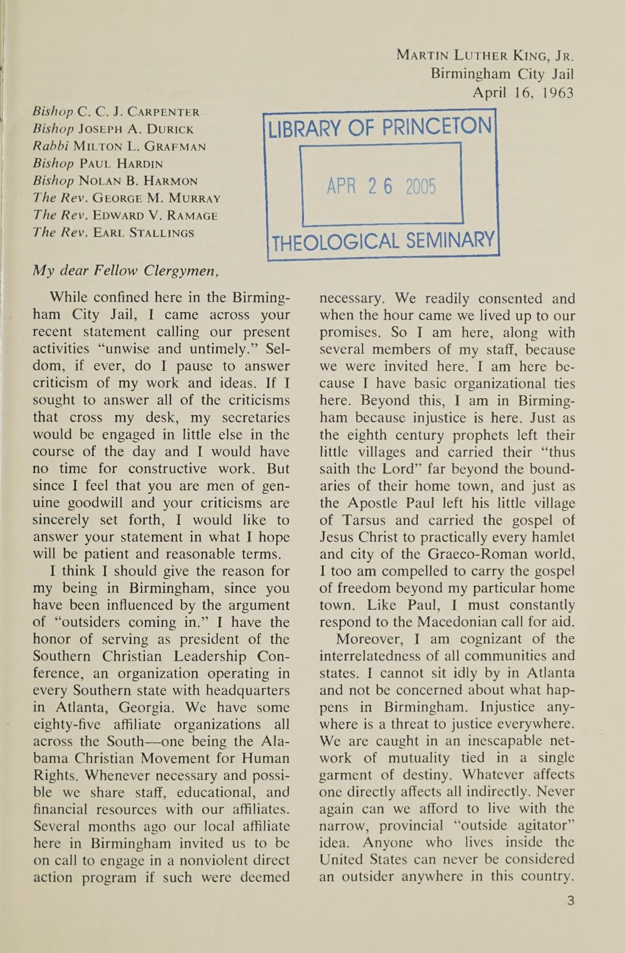 First page of the 1963 Letter from Birmingham Jail
