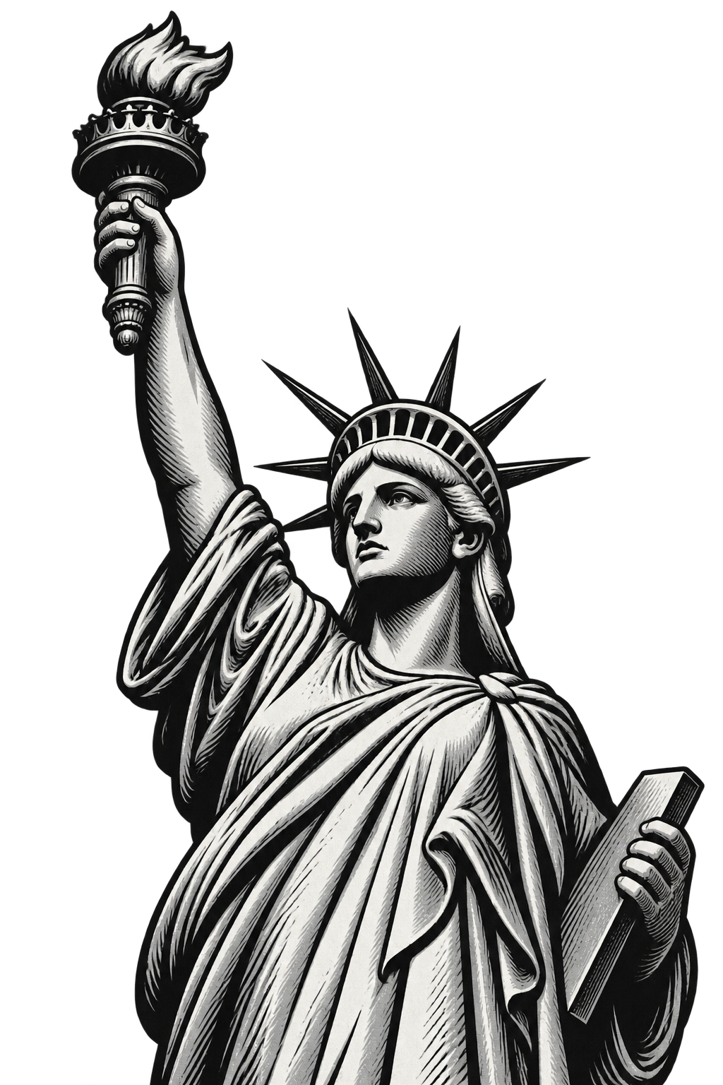 Woodcut-style illustration of the Statue of Liberty raising her torch.